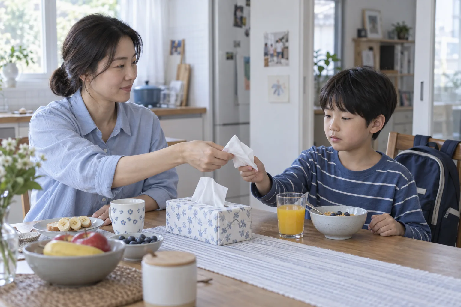 아침 식탁에서 아이에게 티슈를 건네는 보호자 · AI 생성 모델 이미지